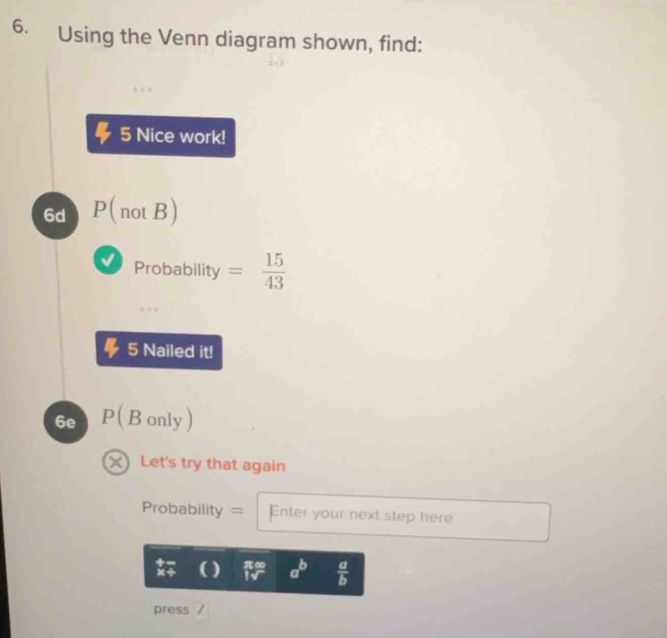 6. using the venn diagram shown, find: 6d ( p(\text{not } b) ) probabil…