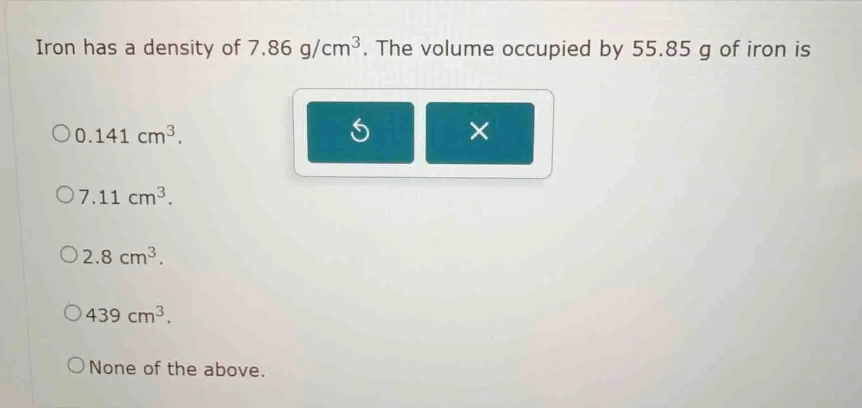 iron has a density of 7.86 g/cm³. the volume occupied by 55.85 g of iro…