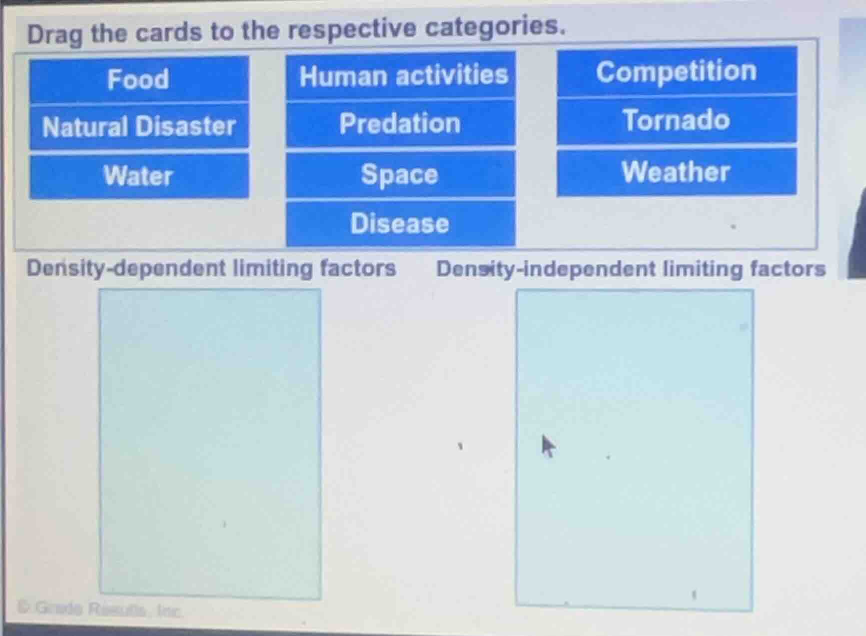 drag the cards to the respective categories. food human activities comp…