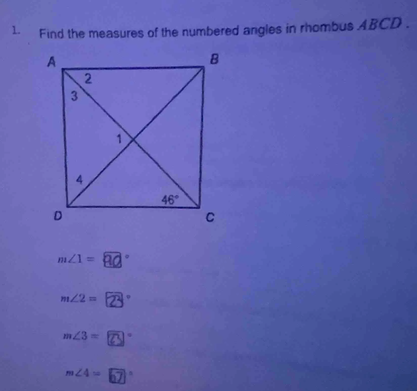 1. find the measures of the numbered angles in rhombus abcd. m∠1 = m∠2 …