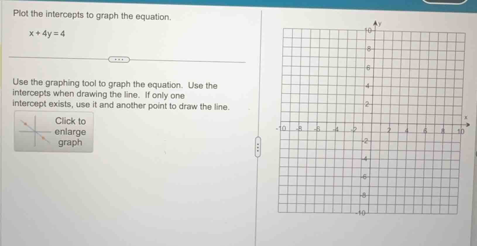 plot the intercepts to graph the equation. x + 4y = 4 use the graphing …