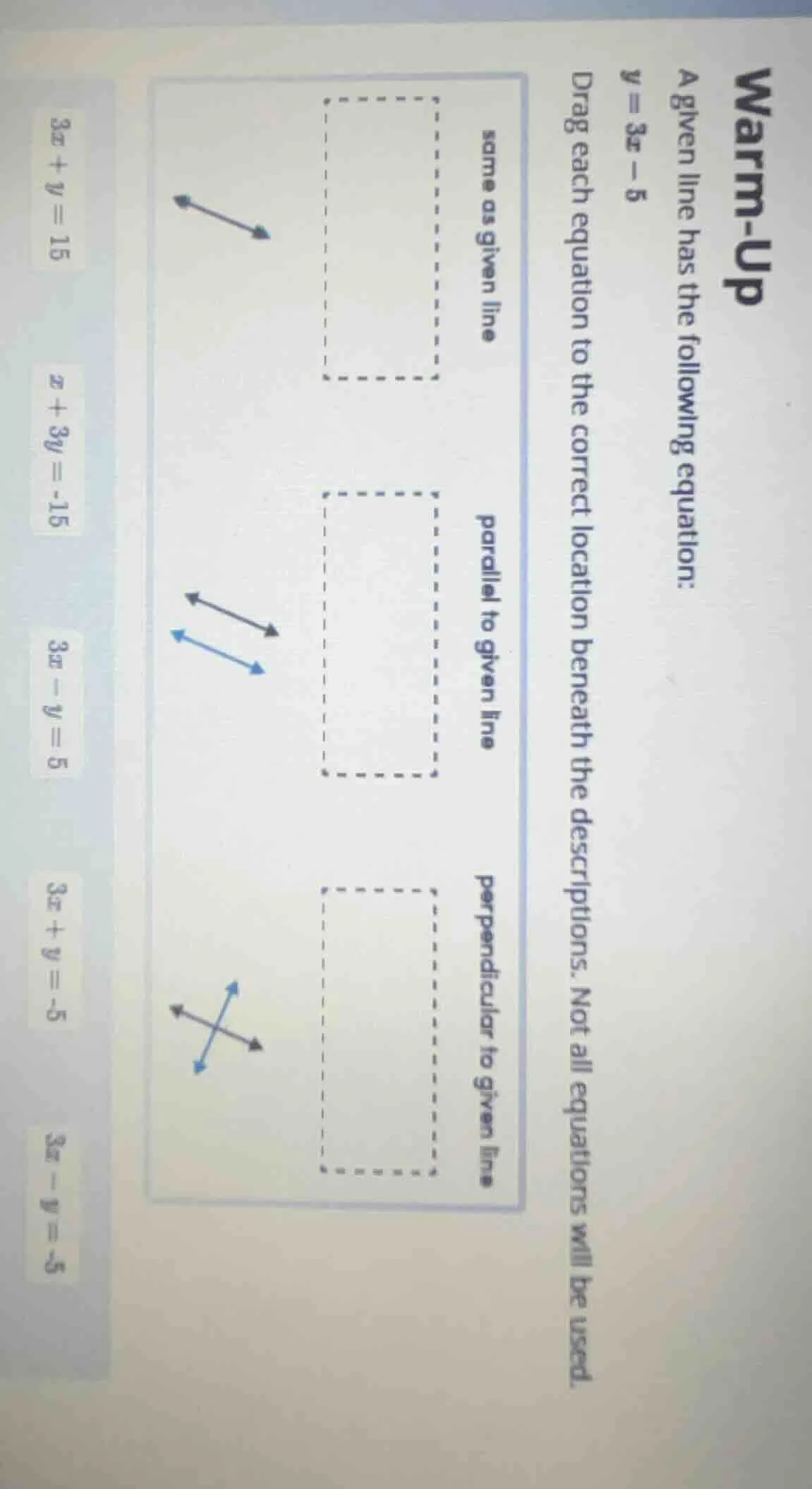 warm-up a given line has the following equation: ( y = 3x - 5 ) drag ea…