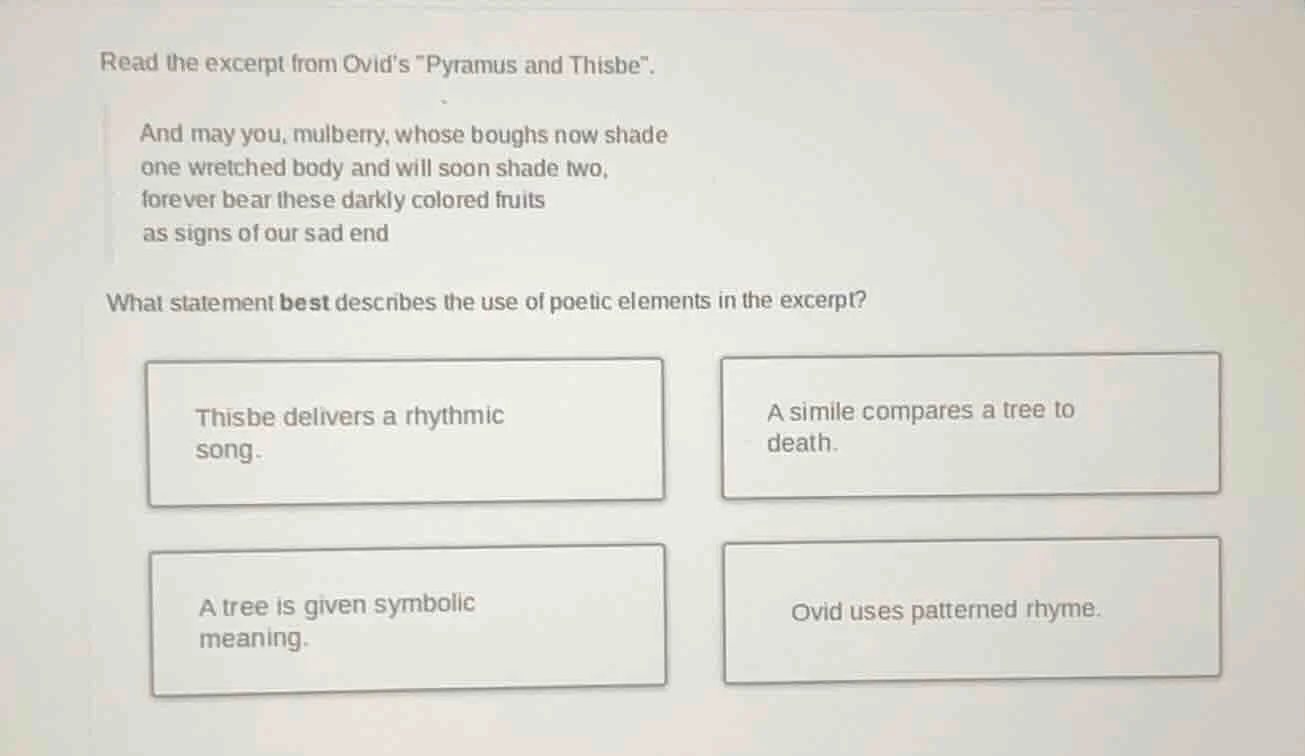 read the excerpt from ovid’s \pyramus and thisbe\. and may you, mulberr…