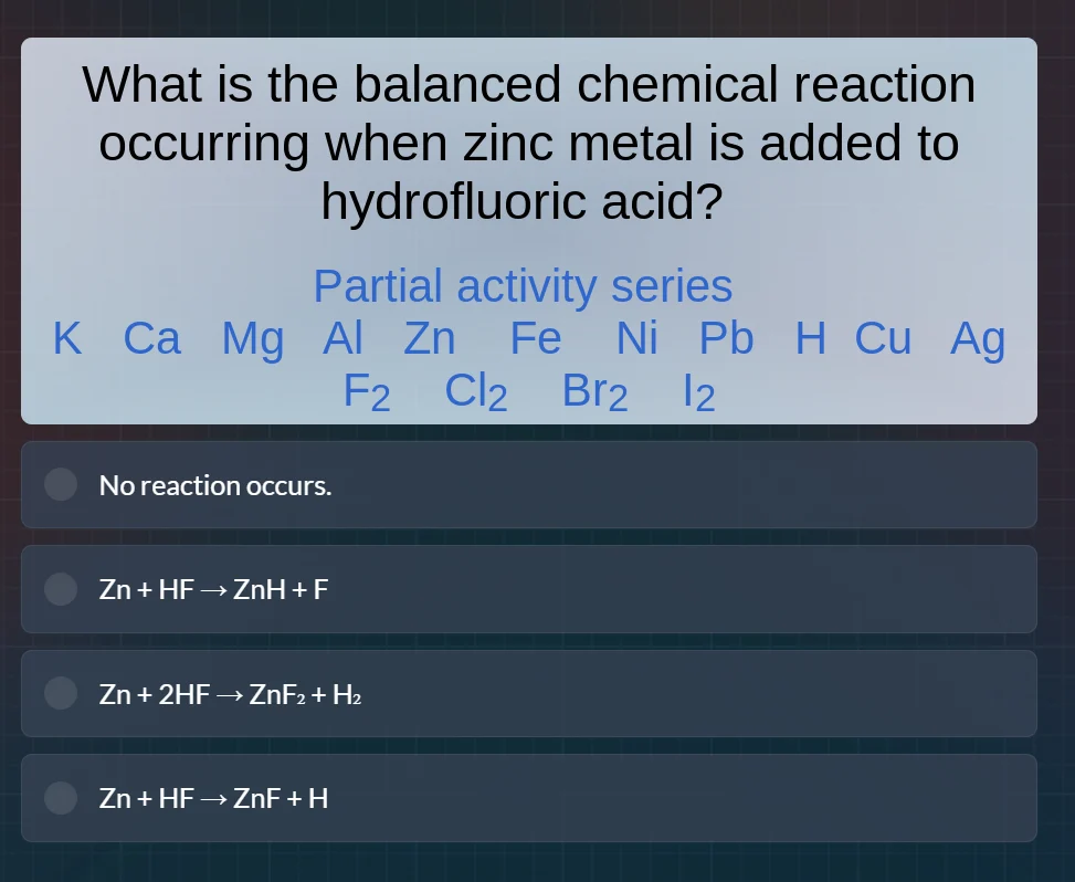 what is the balanced chemical reaction occurring when zinc metal is add…