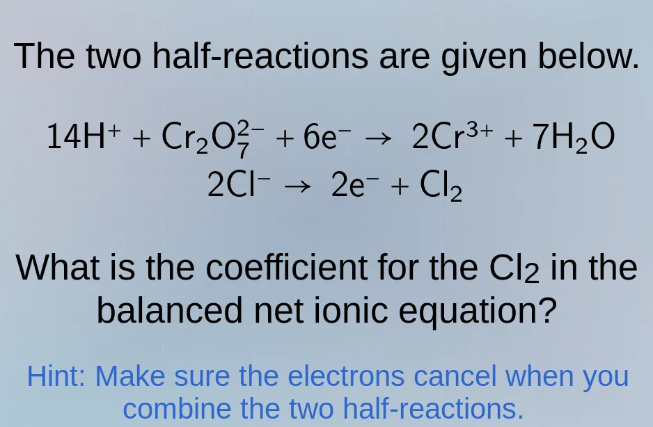 the two half-reactions are given below. \\(14\\text{h}^+ + \\text{cr}_2…