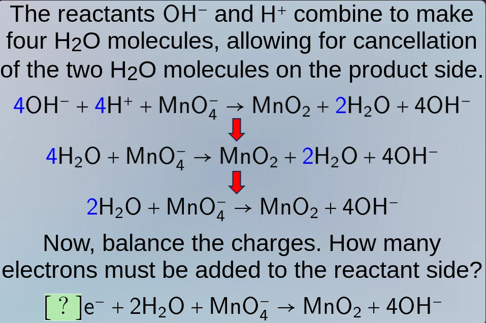 the reactants oh⁻ and h⁺ combine to make four h₂o molecules, allowing f…