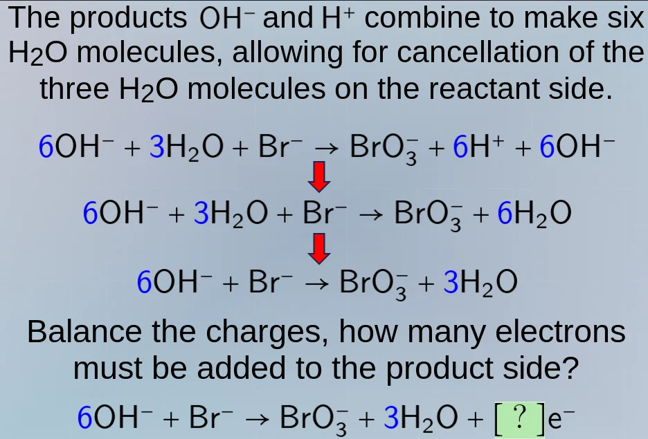 the products oh⁻ and h⁺ combine to make six h₂o molecules, allowing for…