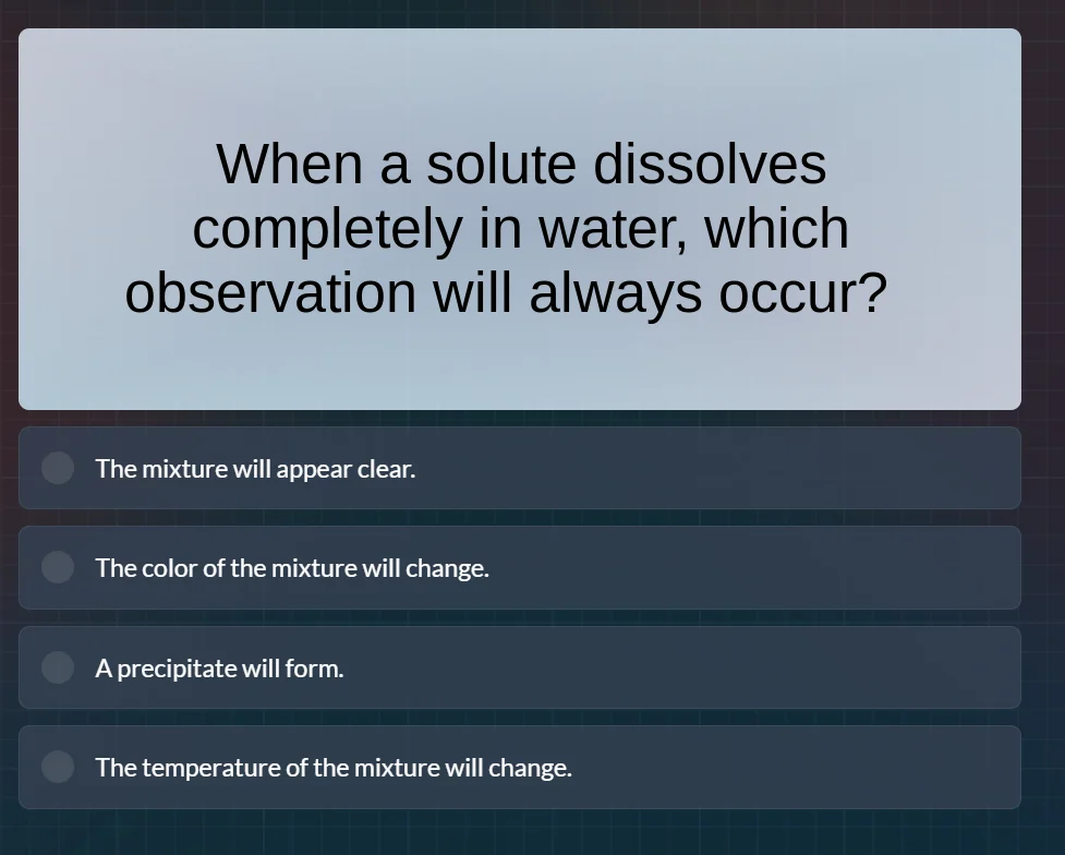 when a solute dissolves completely in water, which observation will alw…