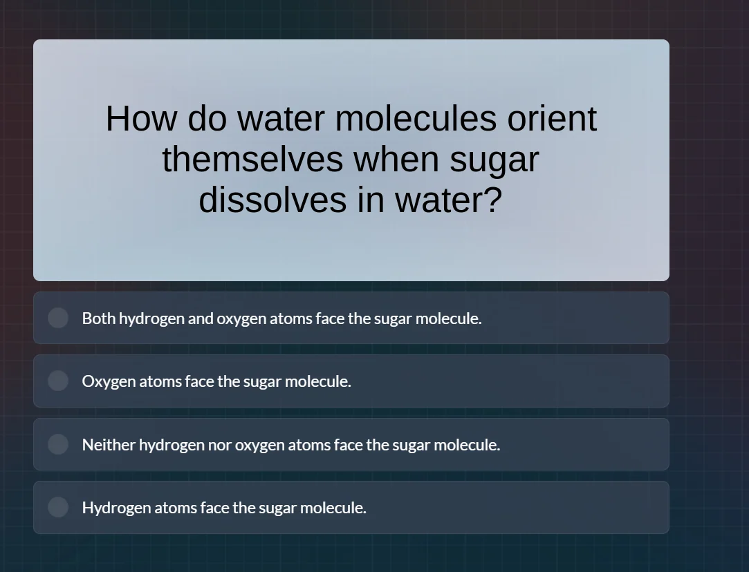 how do water molecules orient themselves when sugar dissolves in water?…