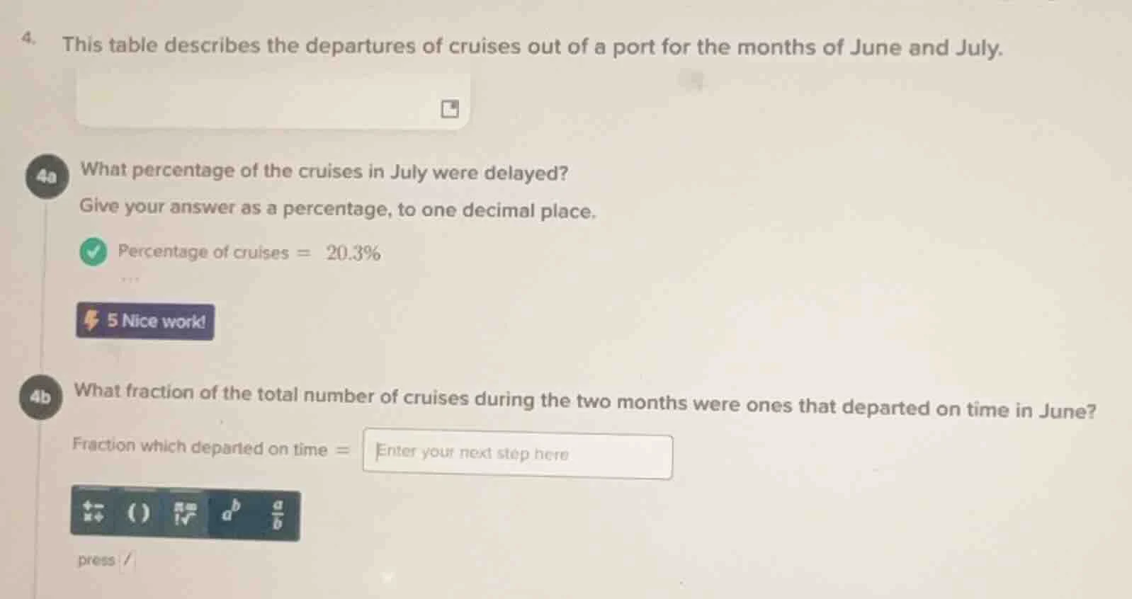 4. this table describes the departures of cruises out of a port for the…
