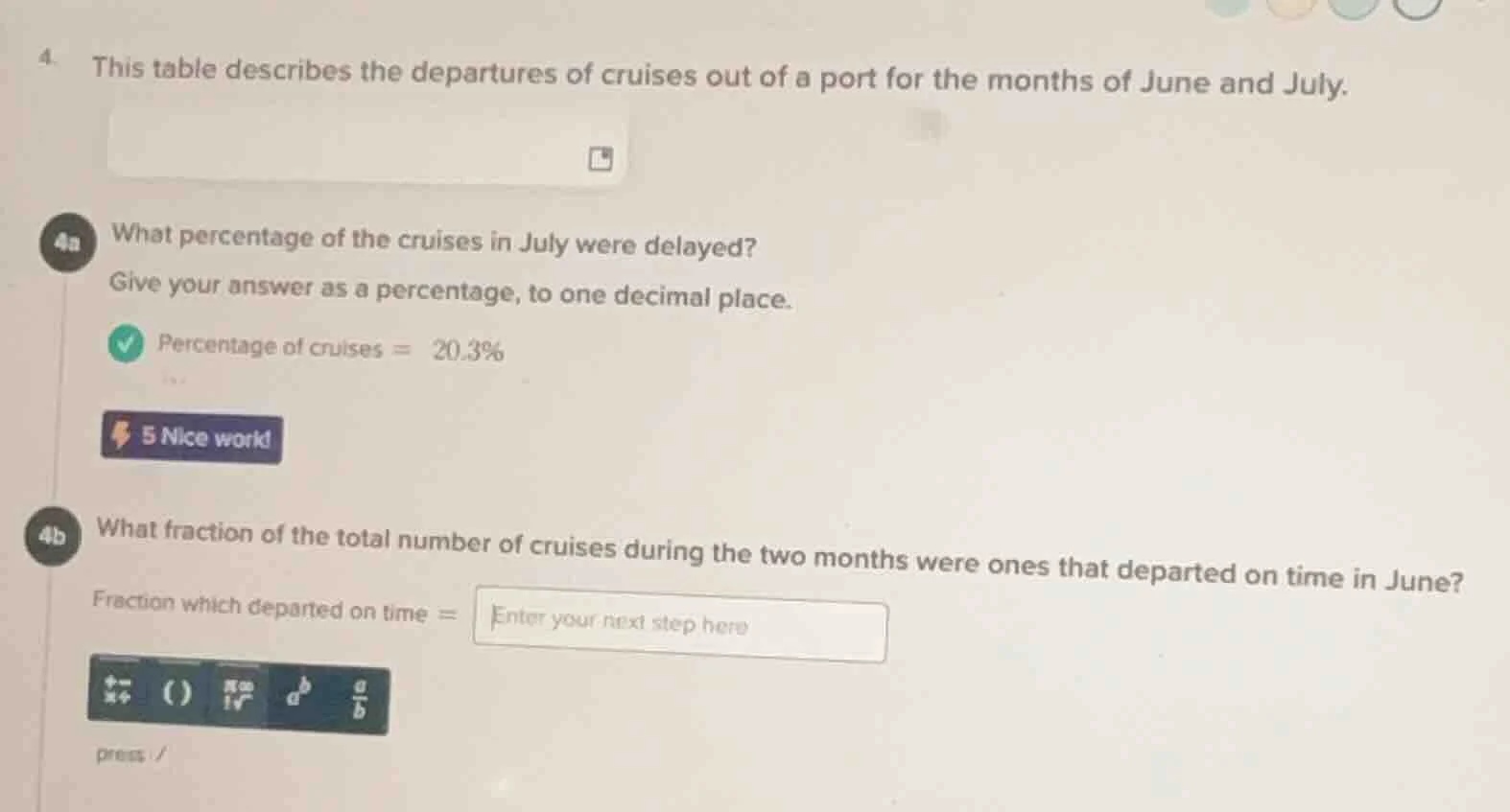 4. this table describes the departures of cruises out of a port for the…