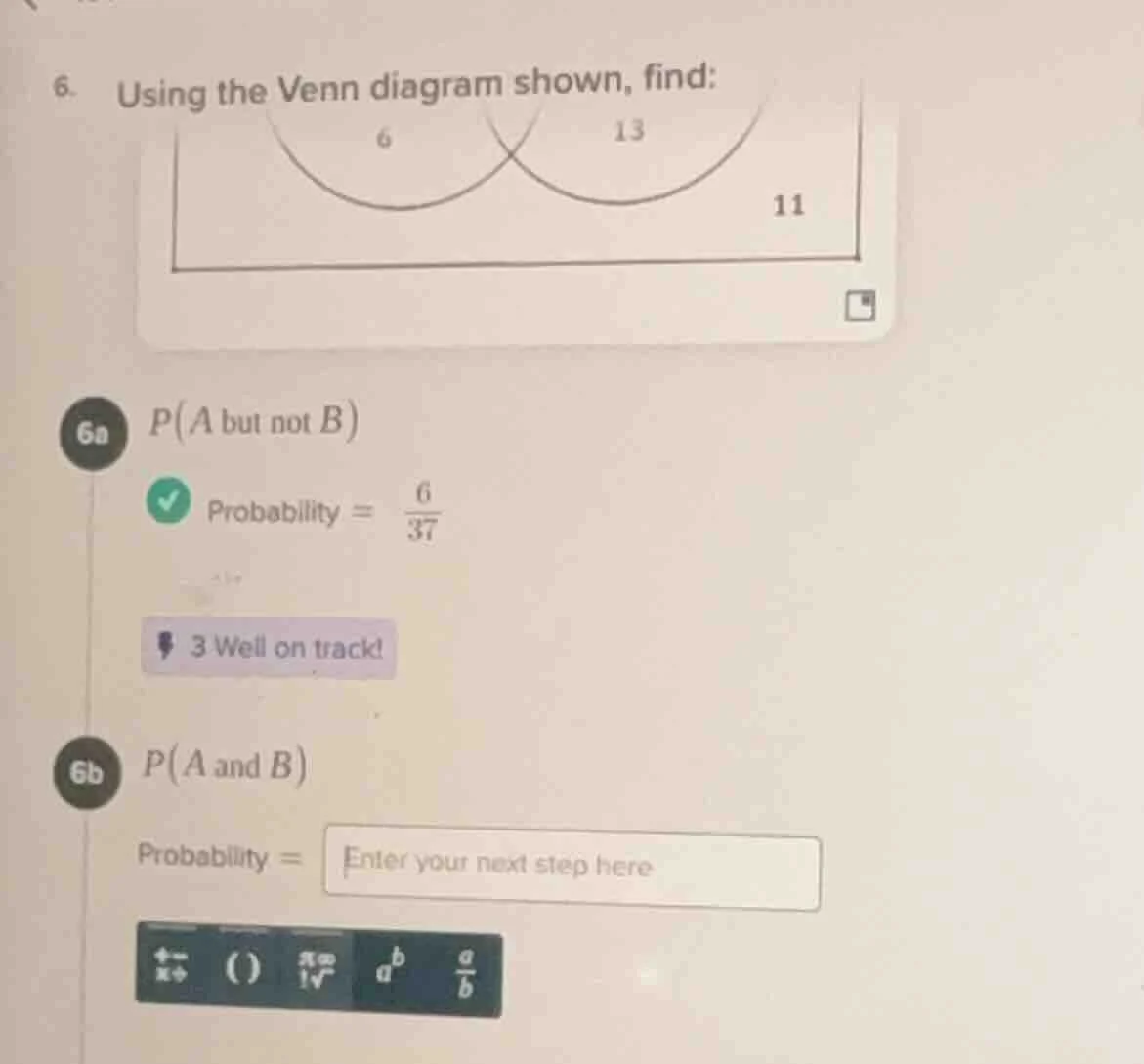 6. using the venn diagram shown, find: 6a ( p(a \text{ but not } b) ) p…