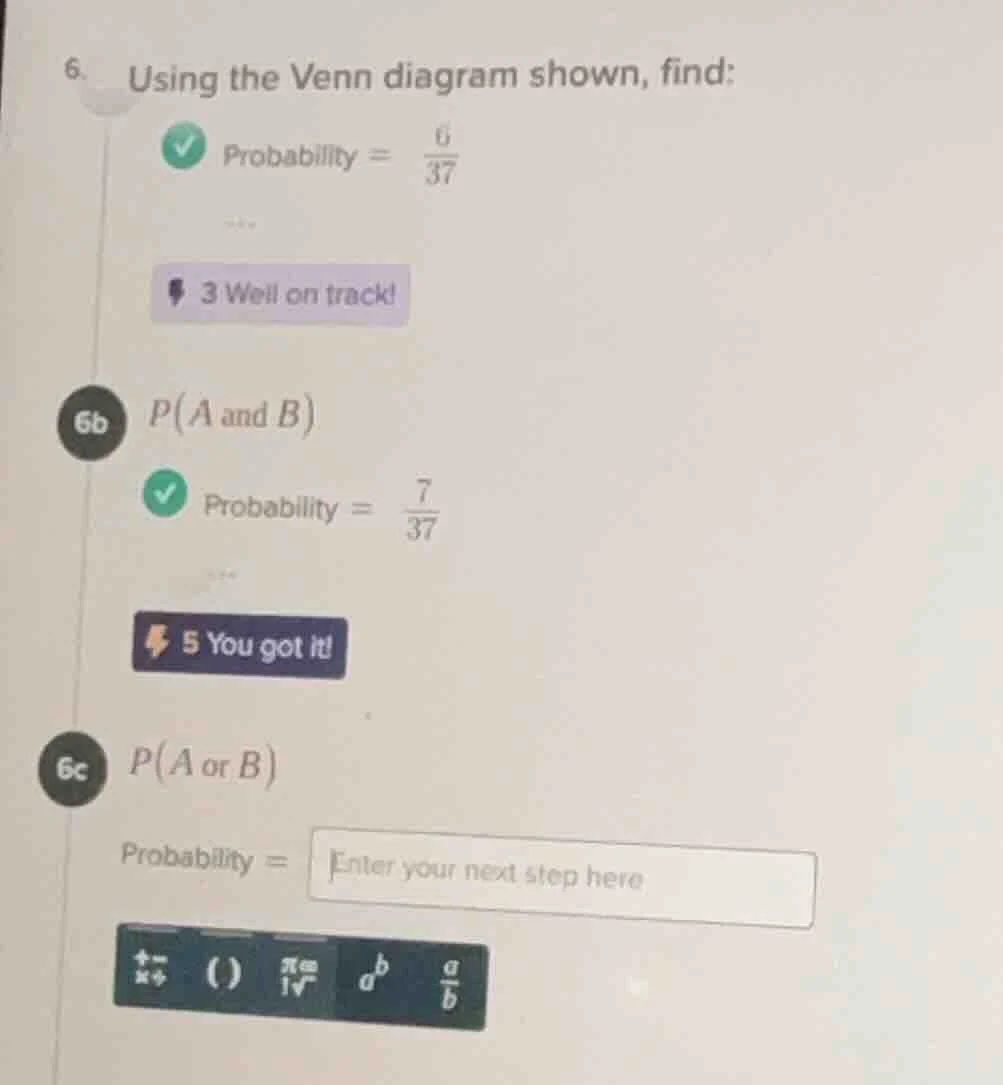 6. using the venn diagram shown, find: probability = \\(\\frac{6}{37}\\…