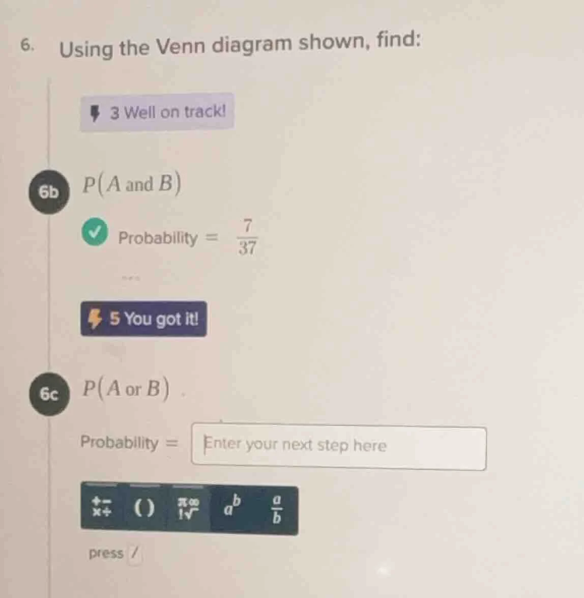 6. using the venn diagram shown, find: 6b ( p(a \text{ and } b) ) proba…