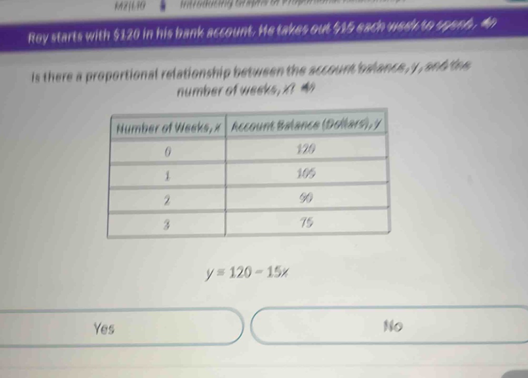 roy starts with $120 in his bank account. he takes out $15 each week to…