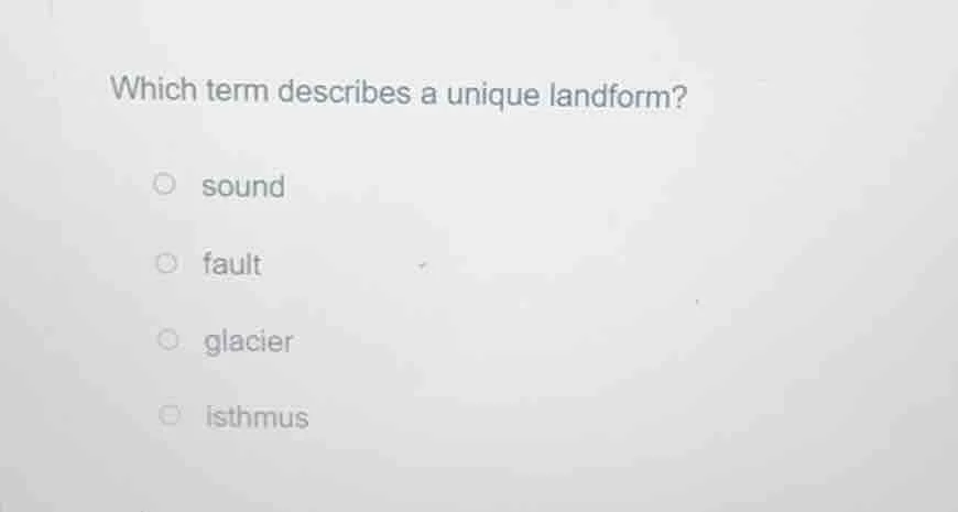 which term describes a unique landform? sound fault glacier isthmus
