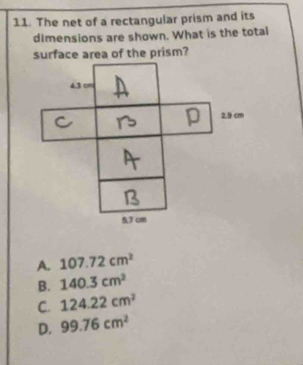 11. the net of a rectangular prism and its dimensions are shown. what i…