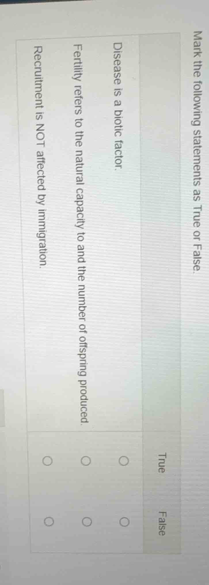 mark the following statements as true or false. disease is a biotic fac…