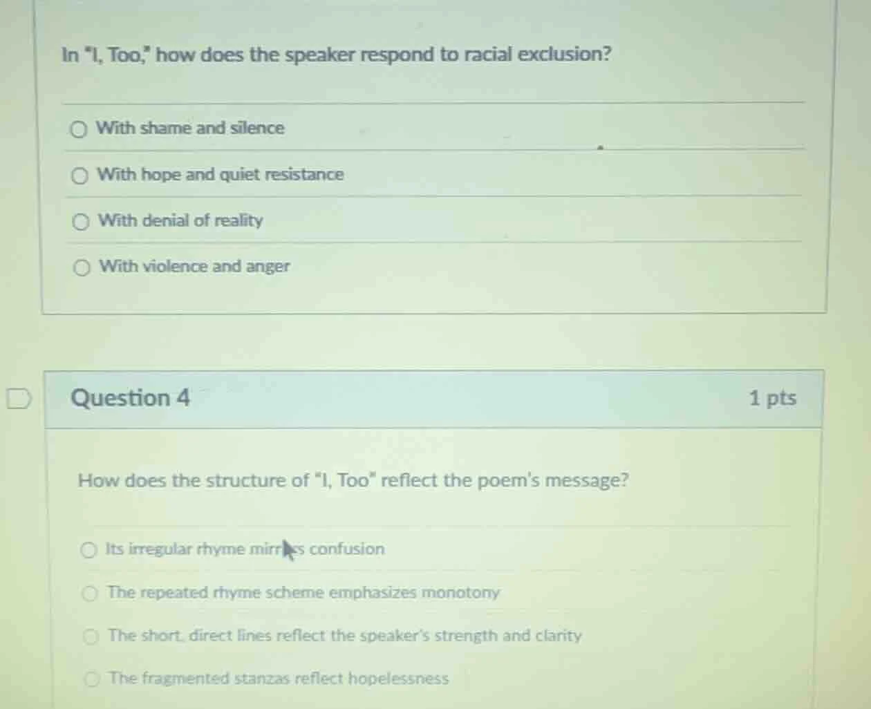 in \i, too,\ how does the speaker respond to racial exclusion? with sha…