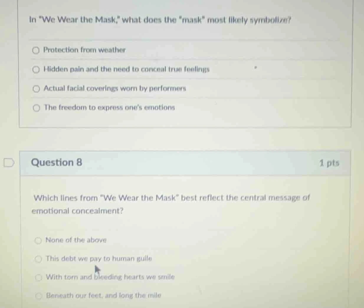 in \we wear the mask,\ what does the \mask\ most likely symbolize? prot…