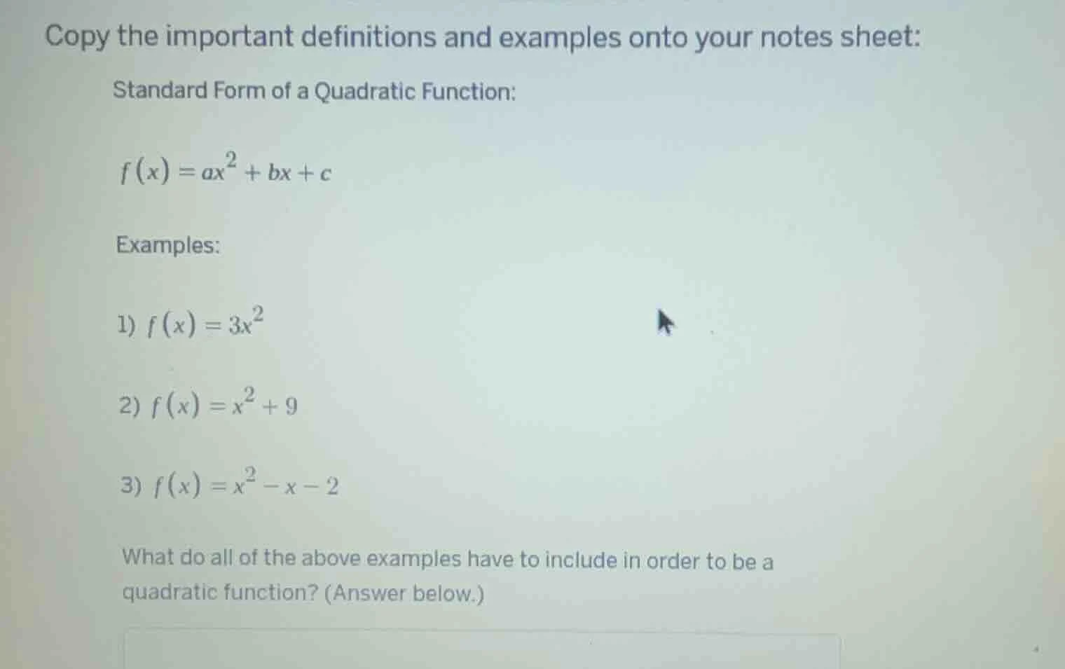 copy the important definitions and examples onto your notes sheet: stan…