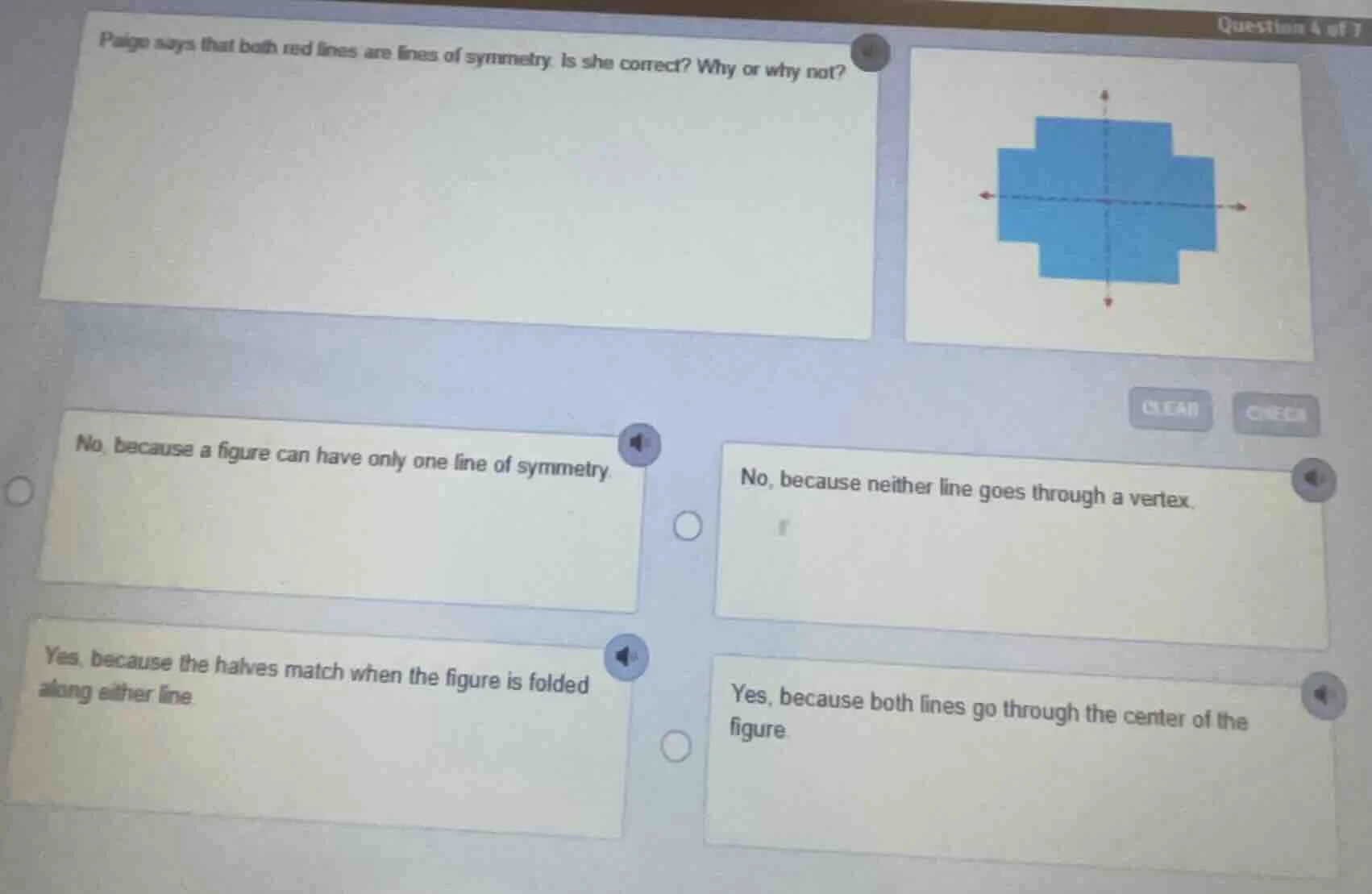 paige says that both red lines are lines of symmetry. is she correct? w…