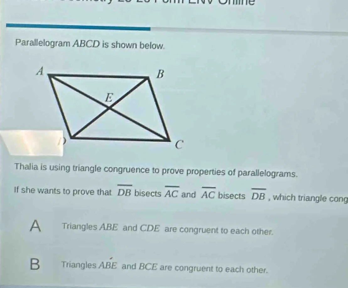 parallelogram abcd is shown below. thalia is using triangle congruence …