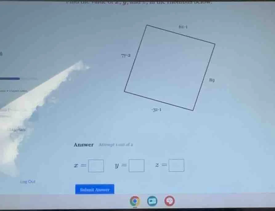 find the value of x, y and z in the rhombus below. the rhombus has side…