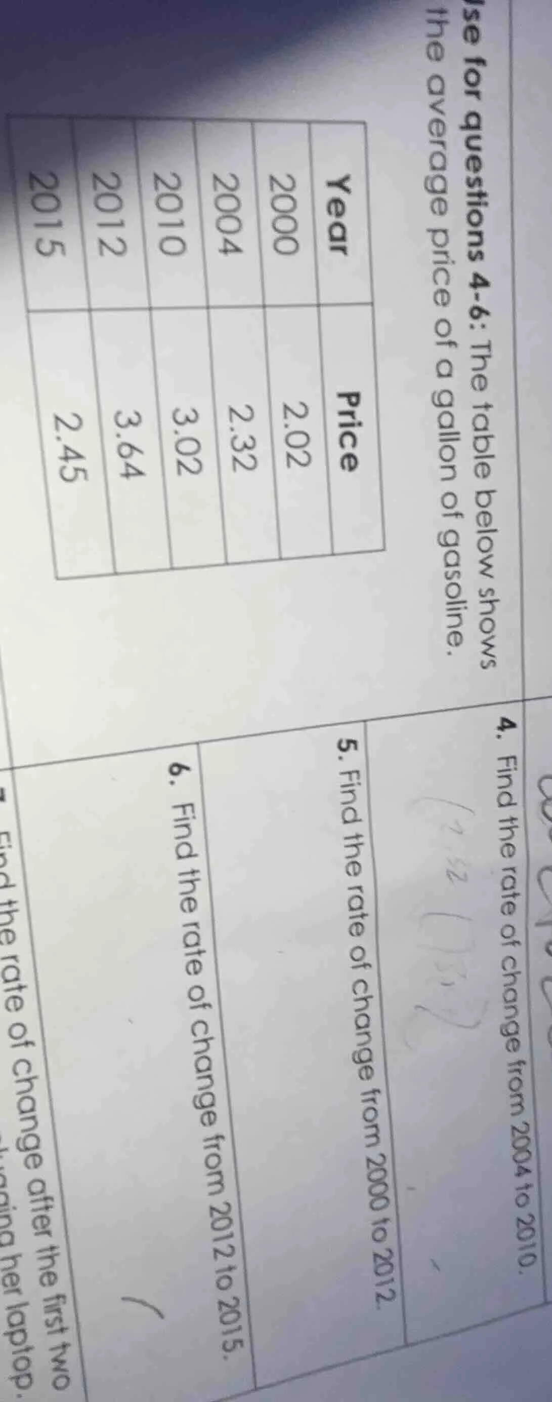use for questions 4-6: the table below shows the average price of a gal…