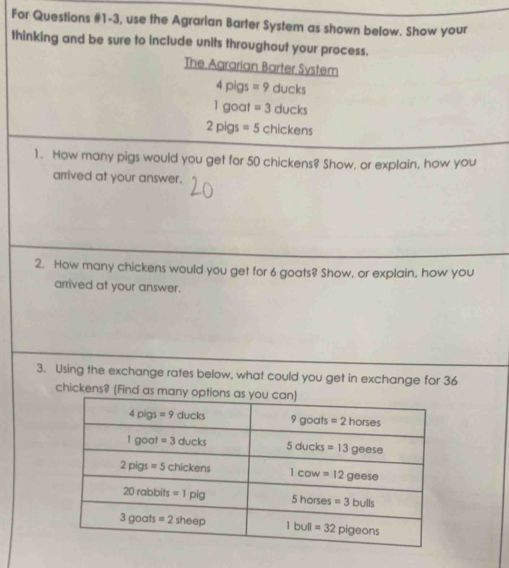 for questions #1-3, use the agrarian barter system as shown below. show…