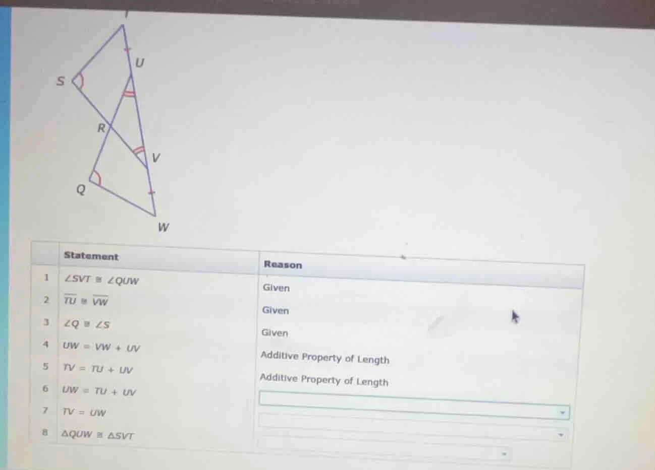 statement reason 1 $\\angle svt \\cong \\angle quw$ given 2 $\\overline…