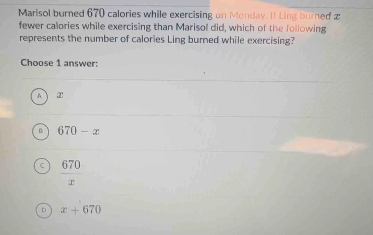 marisol burned 670 calories while exercising on monday. if ling burned …