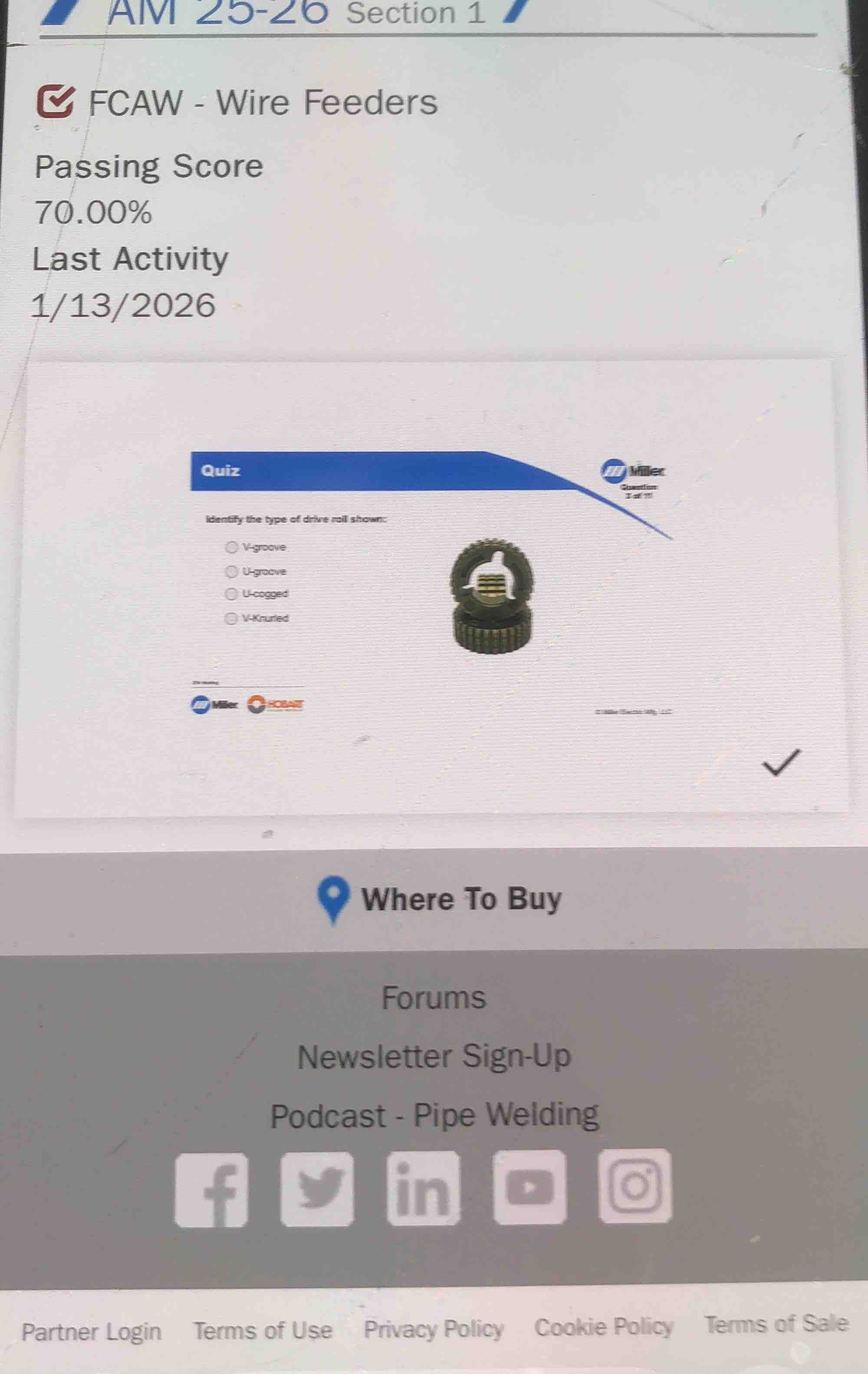 am 25-26 section 1 fcaw - wire feeders passing score 70.00% last activi…