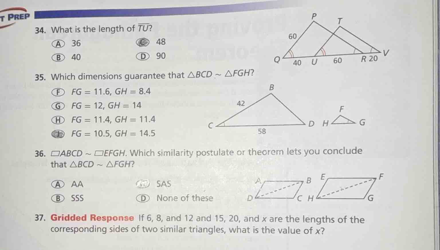 34. what is the length of \\(\\overline{tu}\\)? a 36 c 48 b 40 d 90 35.…