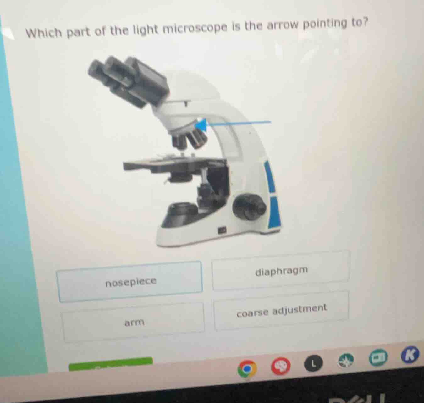 which part of the light microscope is the arrow pointing to? options: n…