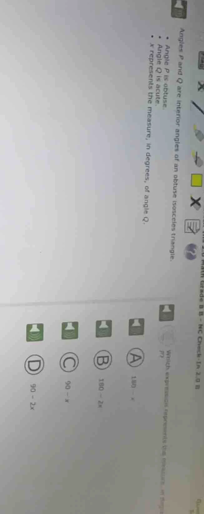 angles p and q are interior angles of an obtuse isosceles triangle. - a…