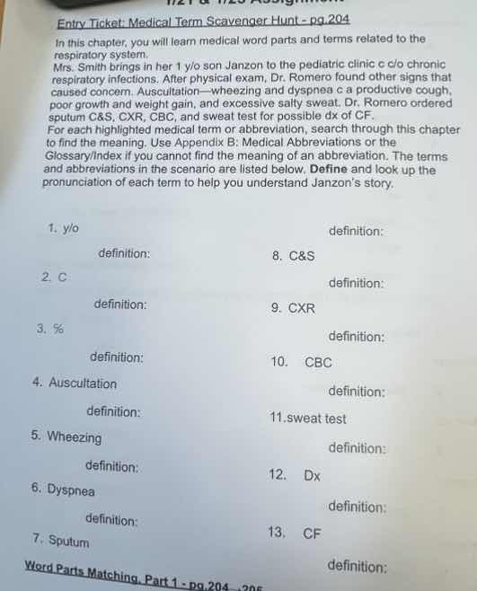 entry ticket: medical term scavenger hunt - pg. 204 in this chapter, yo…
