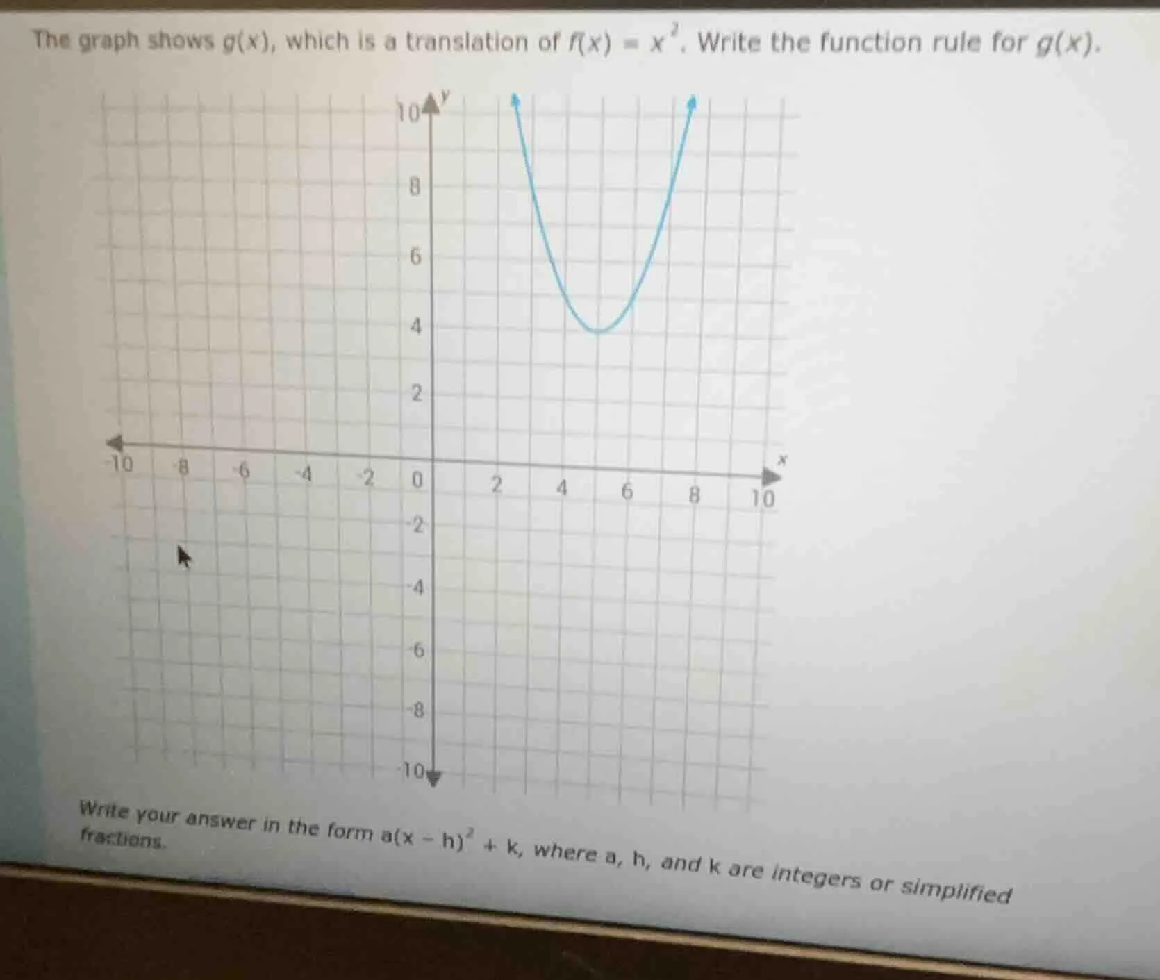the graph shows g(x), which is a translation of f(x) = x². write the fu…