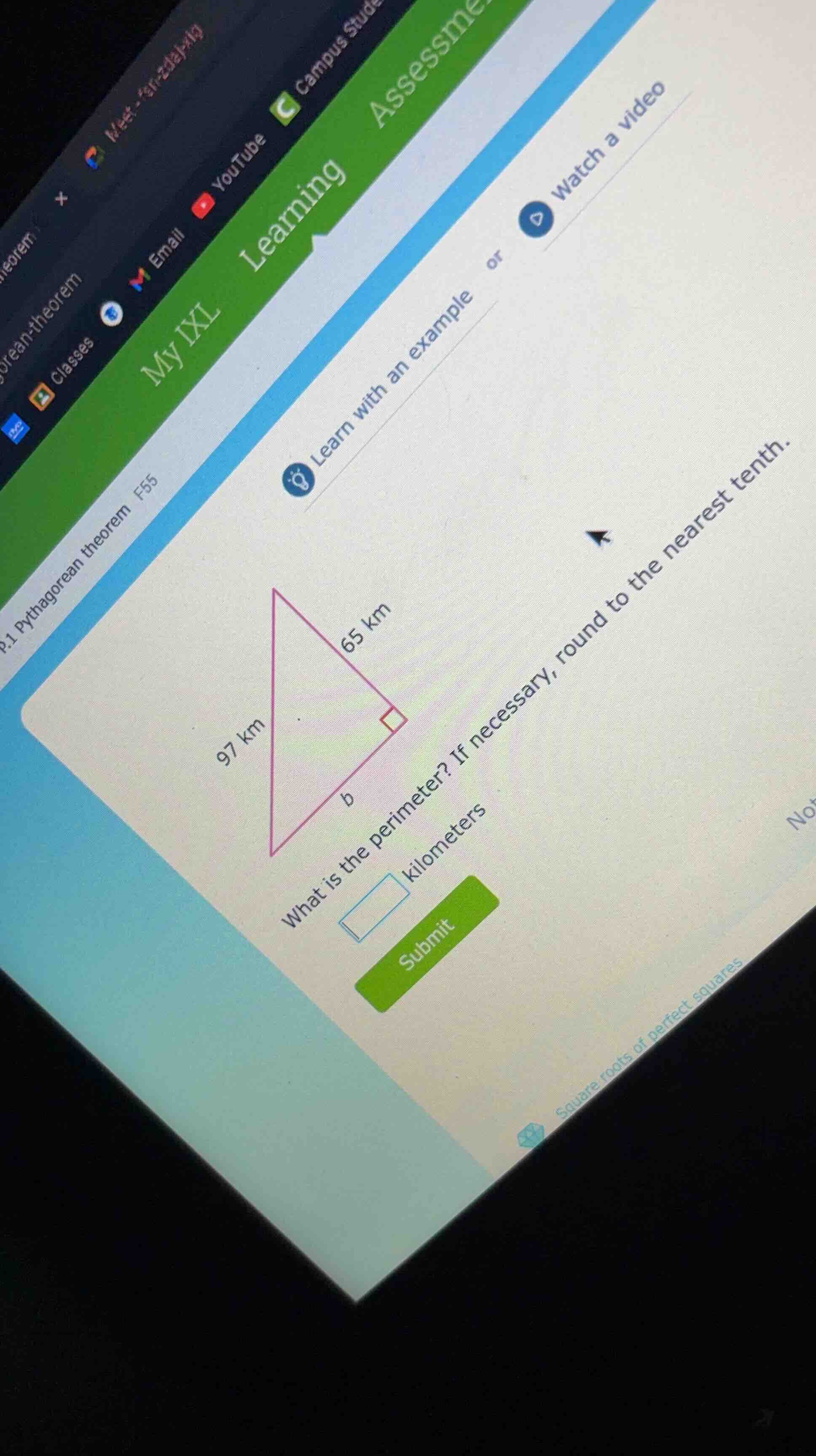 97 km, 65 km, b. what is the perimeter? if necessary, round to the near…