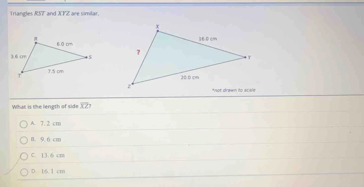 triangles rst and xyz are similar. what is the length of side \\(\\over…