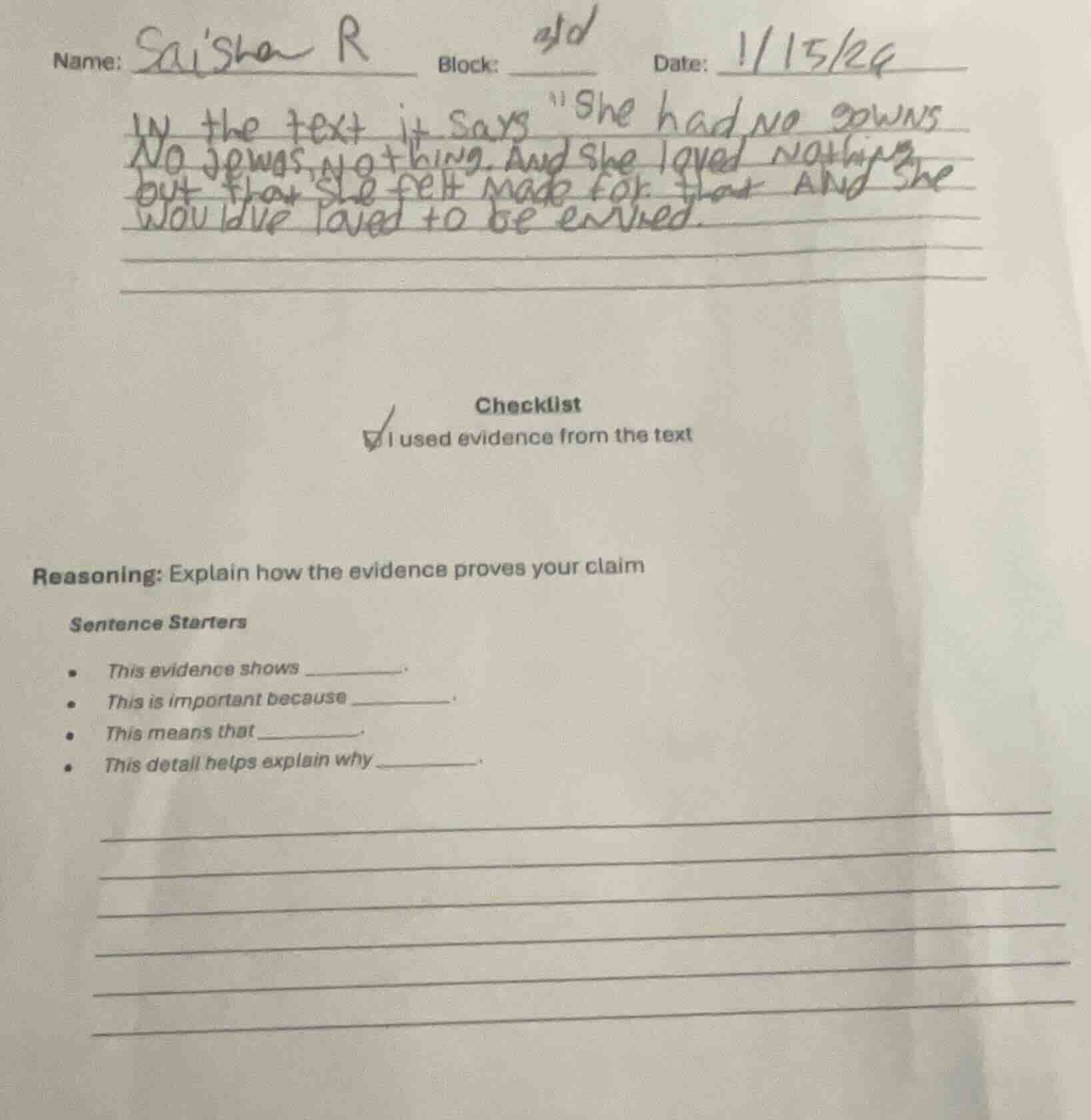 name: saisha r block: old date: 1/15/24 in the text it says \she had no…