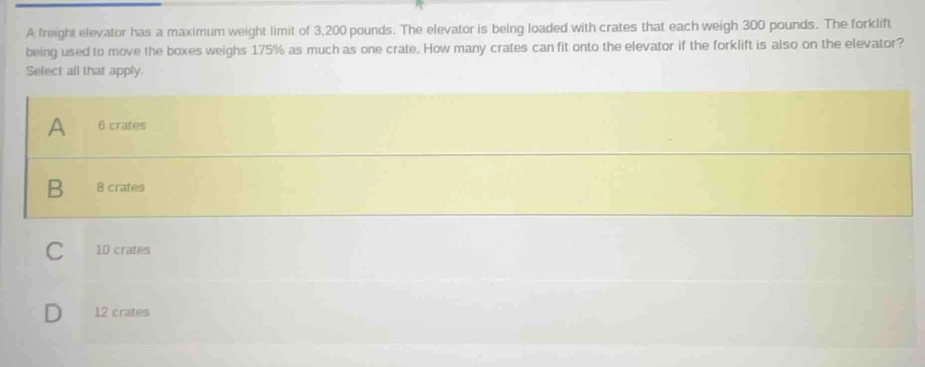a freight elevator has a maximum weight limit of 3,200 pounds. the elev…