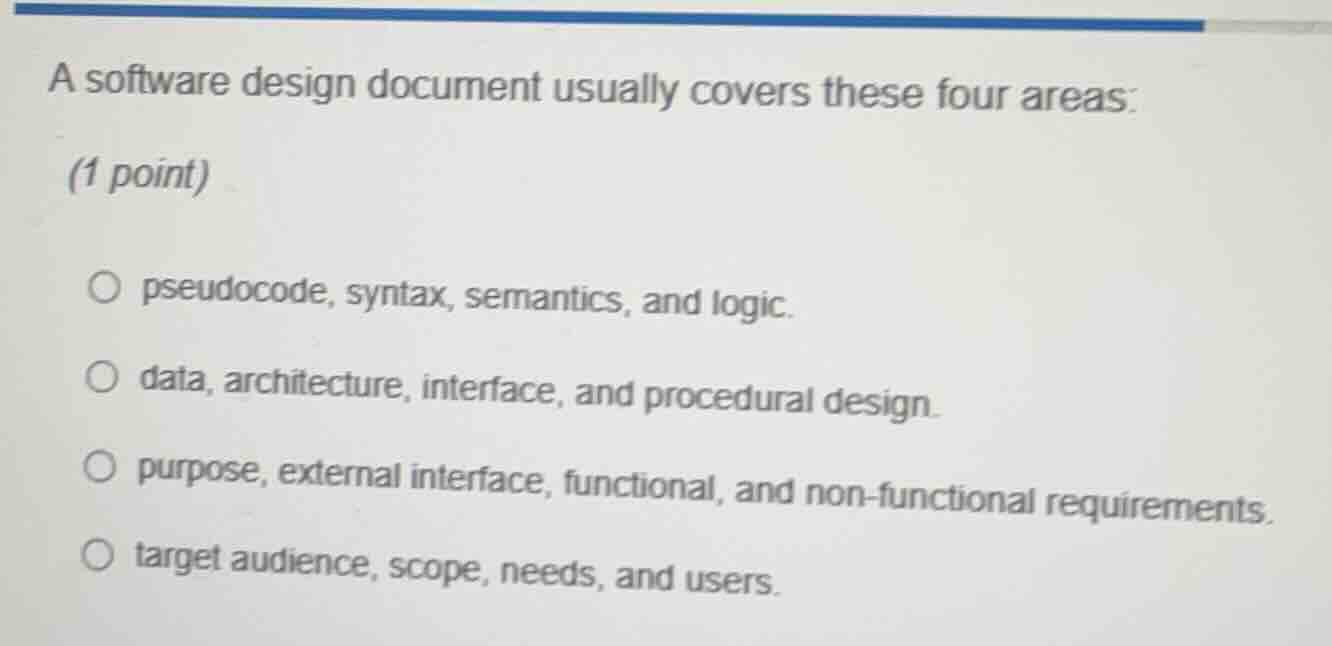a software design document usually covers these four areas: (1 point) ○…