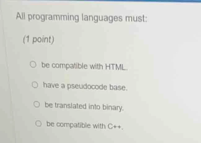 all programming languages must: (1 point) be compatible with html. have…