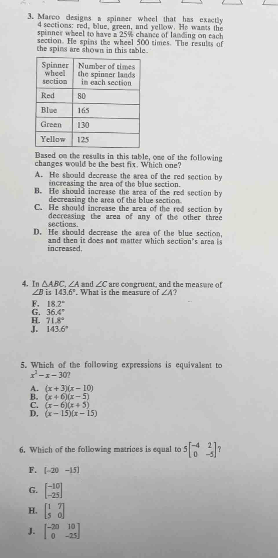3. marco designs a spinner wheel that has exactly 4 sections: red, blue…