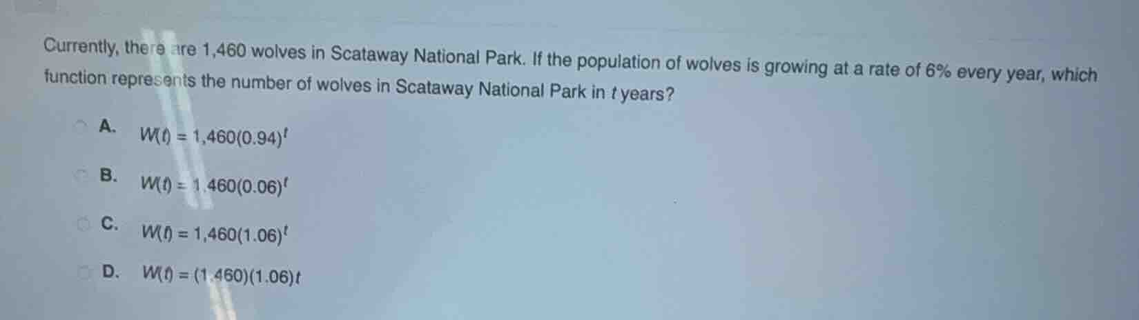 currently, there are 1,460 wolves in scataway national park. if the pop…