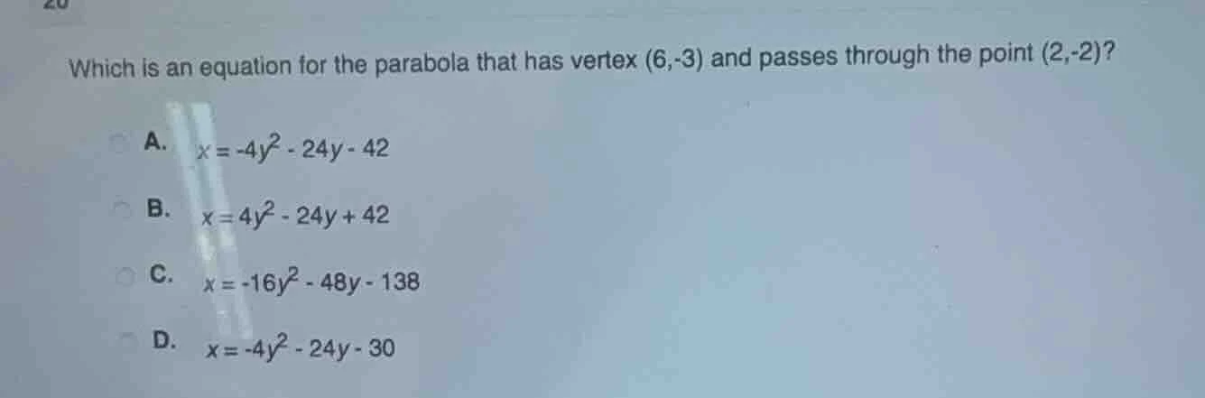 which is an equation for the parabola that has vertex (6,-3) and passes…