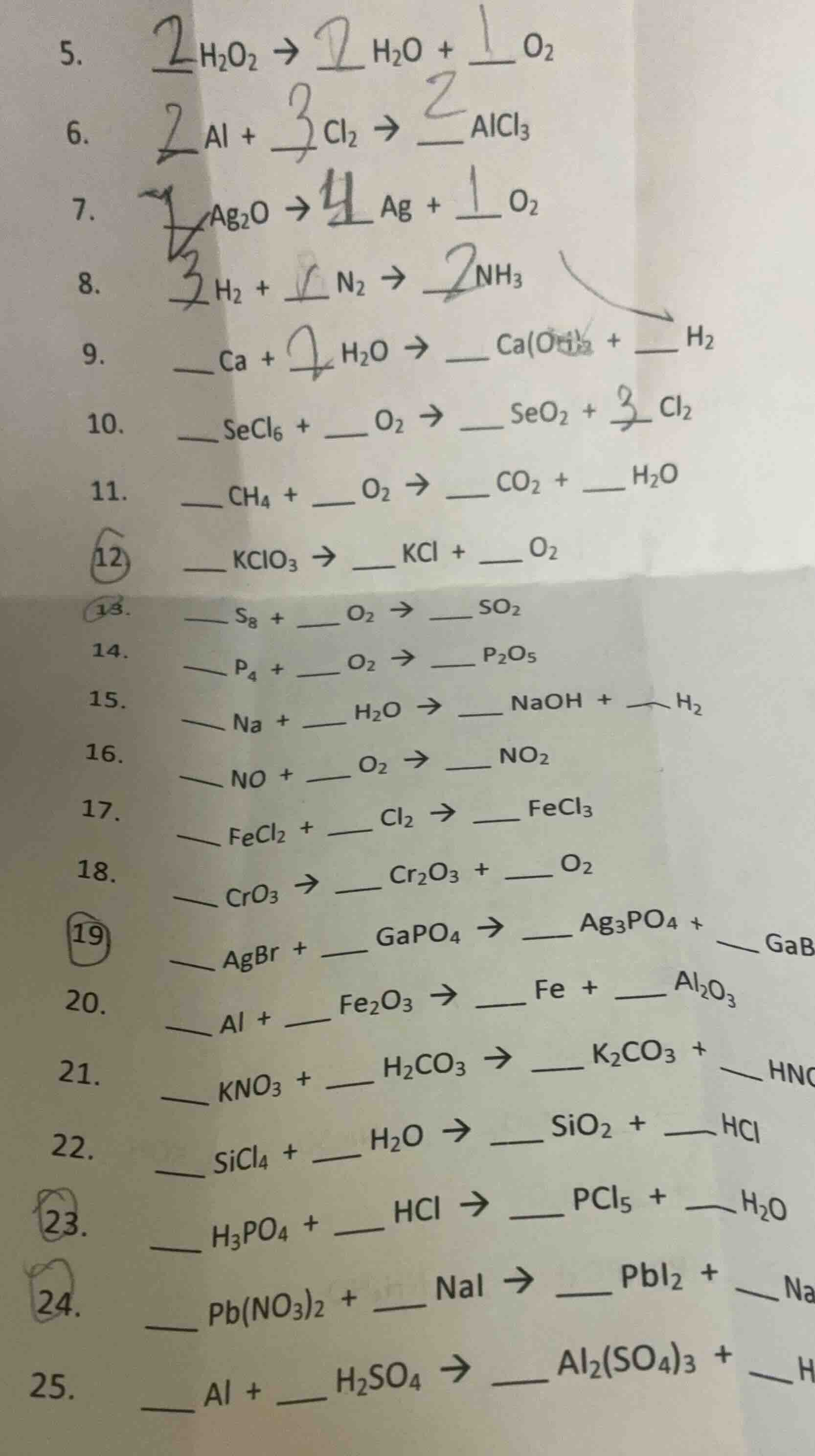 5. __h₂o₂ → __h₂o + __o₂ 6. __al + __cl₂ → __alcl₃ 7. __ag₂o → __ag + _…