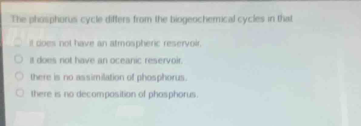 the phosphorus cycle differs from the biogeochemical cycles in that it …