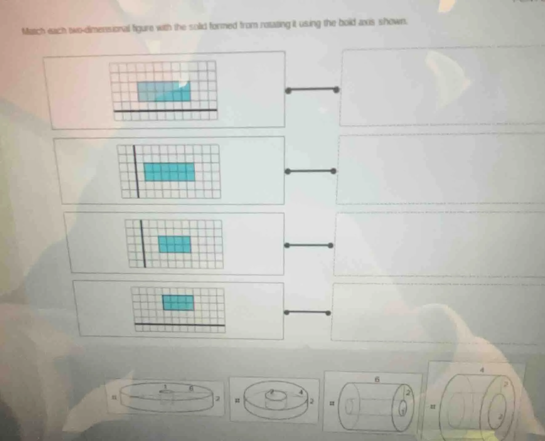 match each two - dimensional figure with the solid formed from rotating…